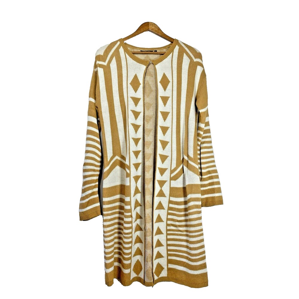 Hannah Sweater Womens LARGE Yellow Cream Geometric Tribal Long Cardigan Duster